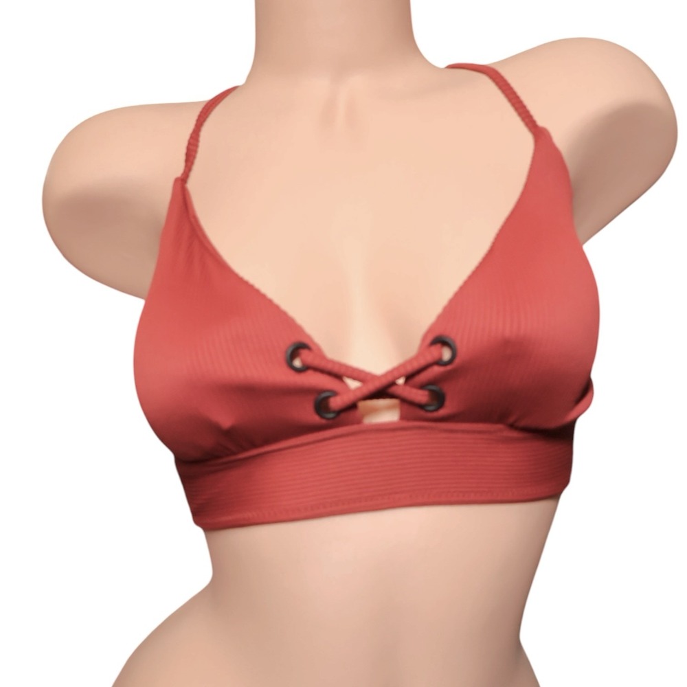 Bar III NWT Small Crimson Red Ribbed Lace Up Longline Bikini Top Cherry Coquette